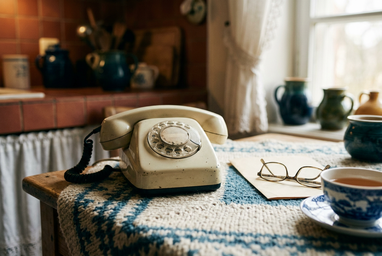 Telefon mit unbekanntem Anruf auf einem Küchentisch